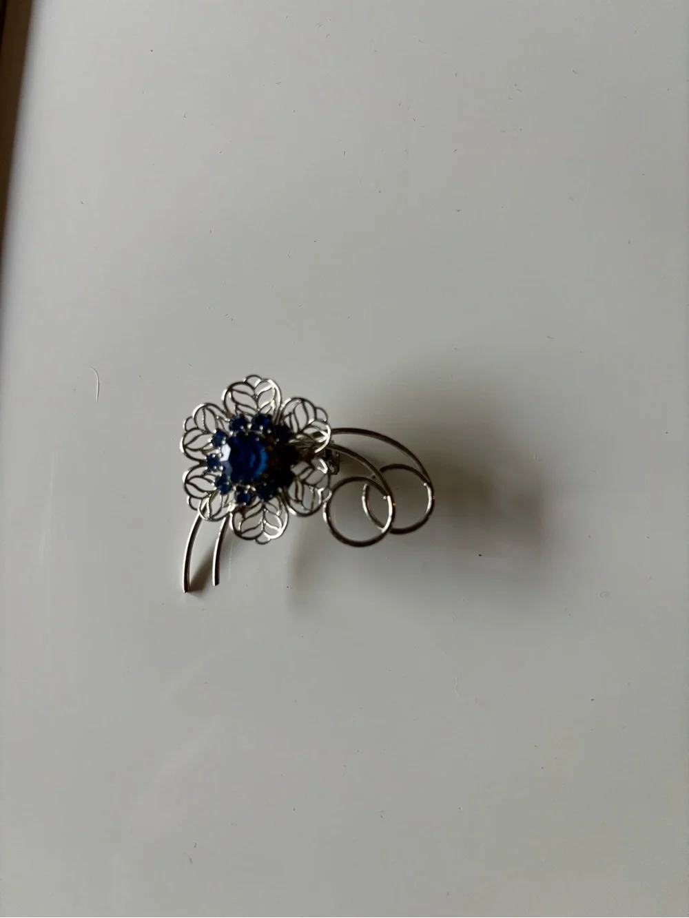 Blue Floral Filigree Brooch with Crystal Accents
